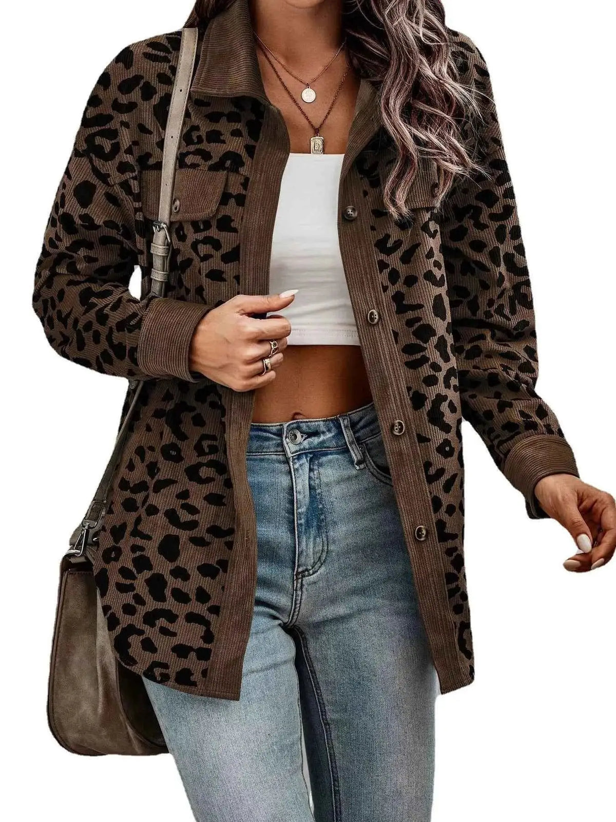 Full Size Leopard Print button-down jacket in brown and black with suede accents, featuring a collar and long sleeves
