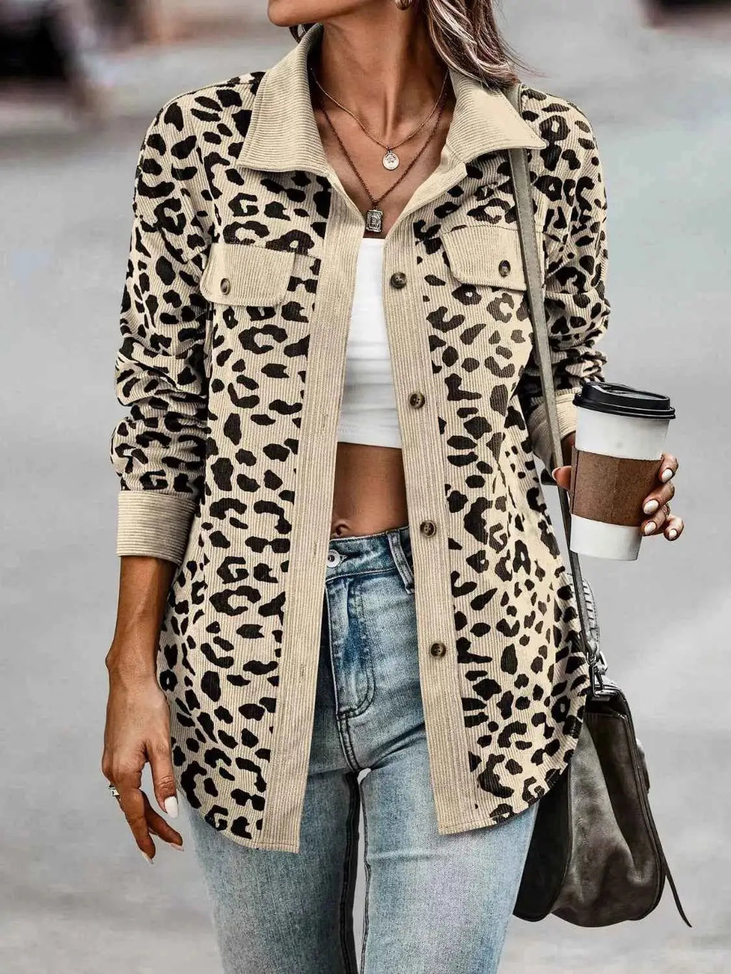 Full Size Leopard Print button-down jacket in beige and black polyester with chest pockets and ribbed collar and cuffs