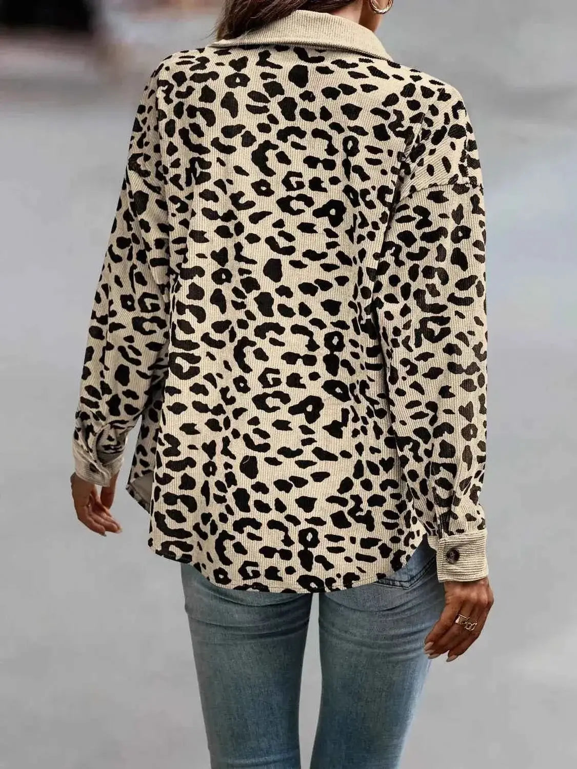 Full Size Leopard Print button-down jacket in beige and black polyester with long sleeves and collar shown from the back