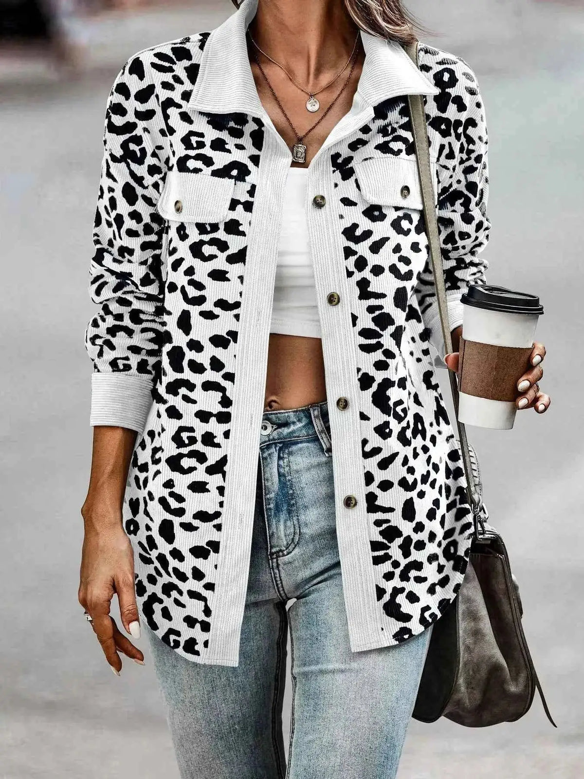 Full Size Leopard Print button-down jacket in black and white polyester with long sleeves and patch pockets