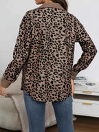 Full Size Leopard Print button-down jacket in brown with black leopard spots, long sleeves, and cuffed wrists