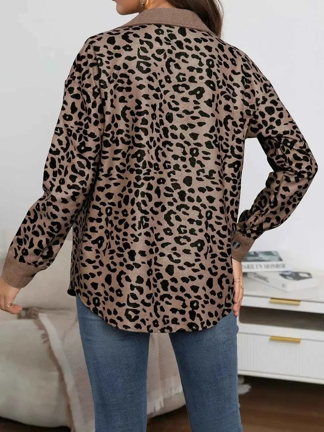 Full Size Leopard Print button-down jacket in brown with black leopard spots, long sleeves, and cuffed wrists