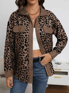 Full Size Leopard Print button-down jacket in brown polyester with black leopard spots, chest pockets, and button closure