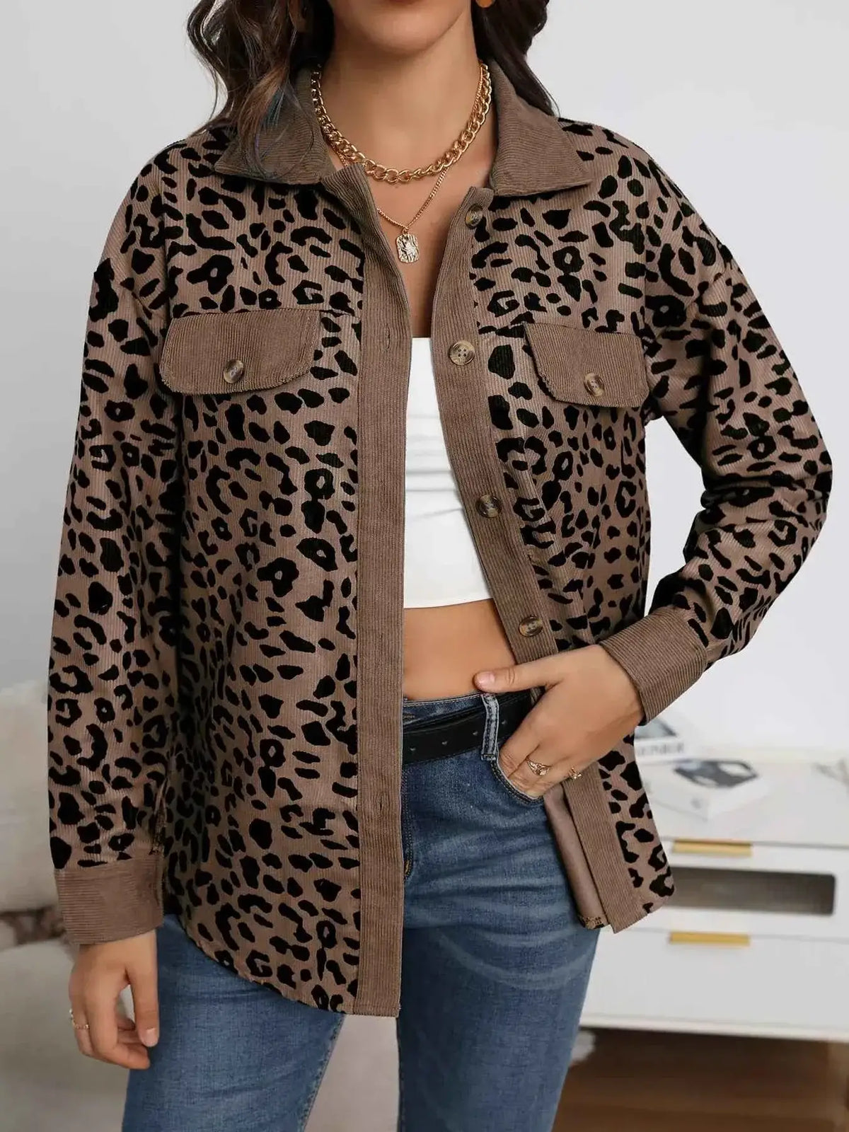 Full Size Leopard Print button-down jacket in brown polyester with black leopard spots, chest pockets, and button closure