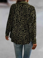 Full Size Leopard Print button-down jacket in olive green and black polyester with a loose fit and long sleeves