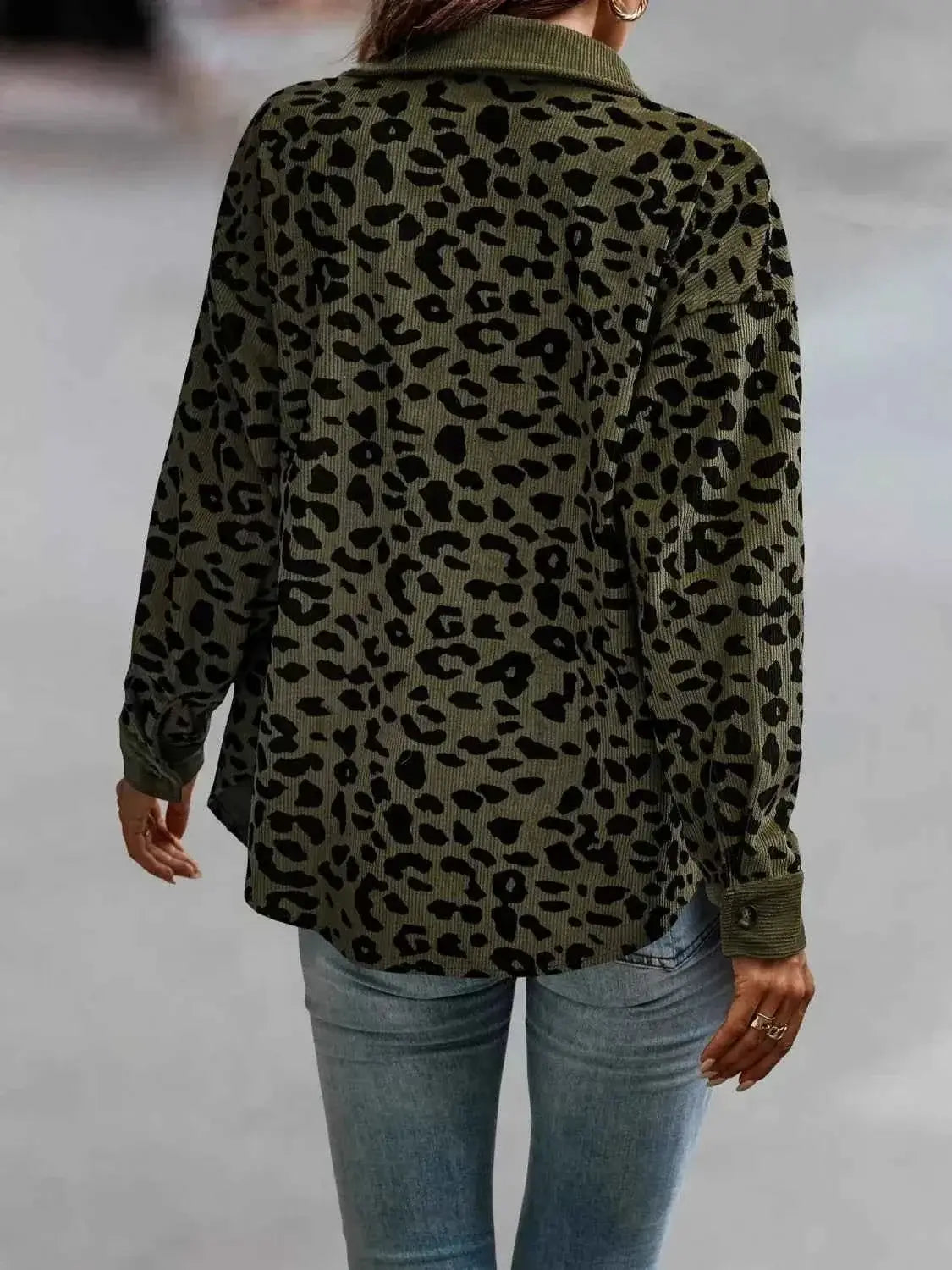 Full Size Leopard Print button-down jacket in olive green and black polyester with a loose fit and long sleeves