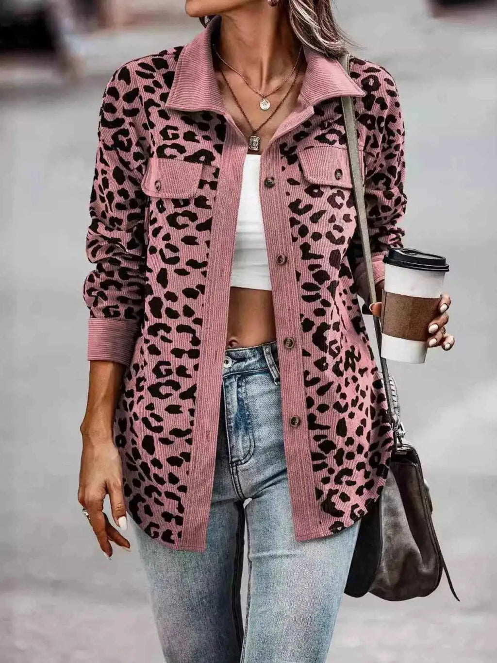 Full Size Leopard Print button-down jacket in muted pink polyester with black spots, flap pockets, and long sleeves
