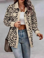 Full Size Leopard Print button-down jacket in beige with black spots, plus size fit, knitted trim and front chest pocket