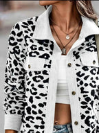 Full Size Leopard Print button-down jacket in white with black leopard spots, ribbed collar and cuffs with front pockets