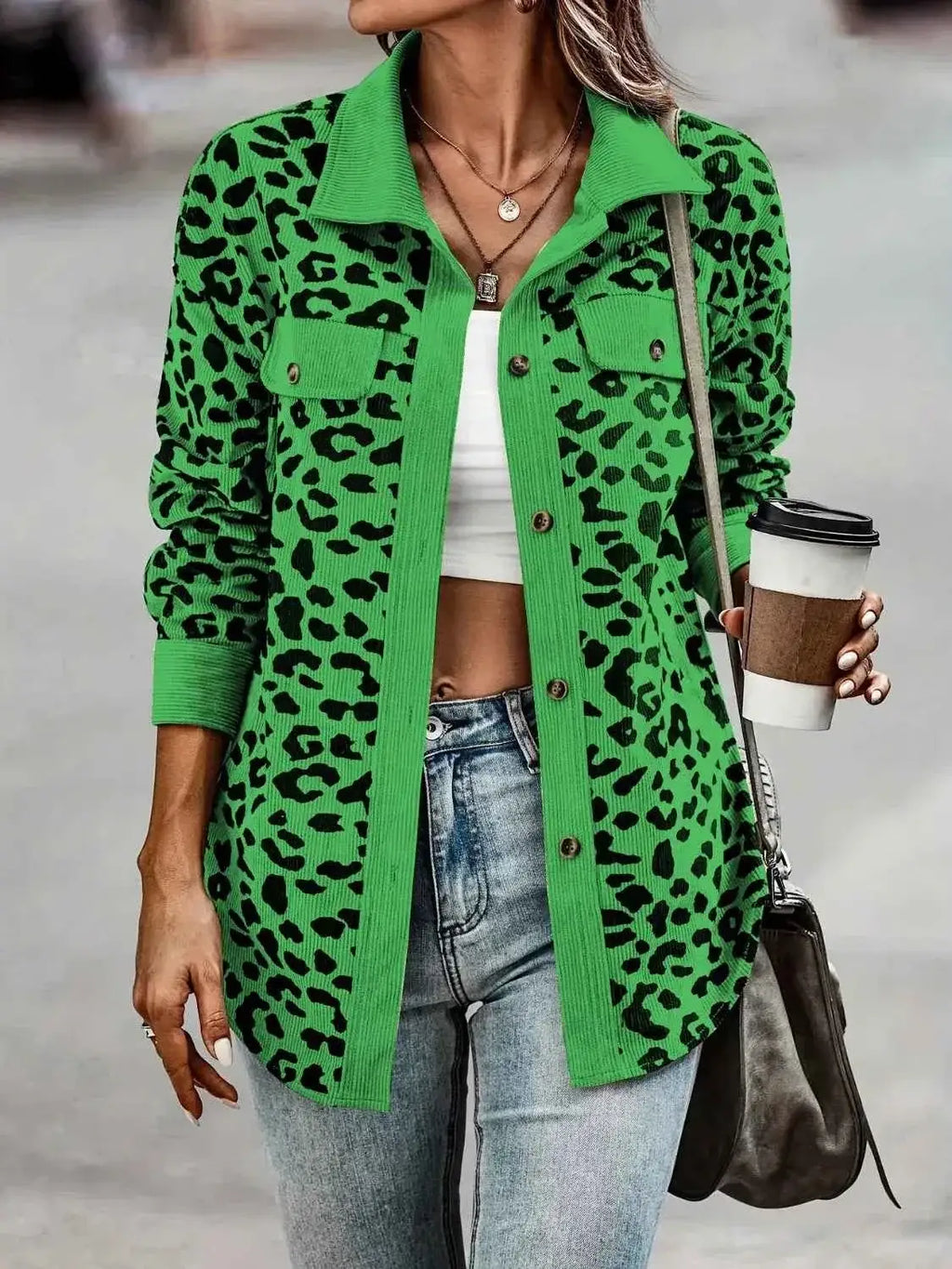 Full Size Leopard Print button-down jacket in bright green with black leopard spots, long sleeves, and chest pockets