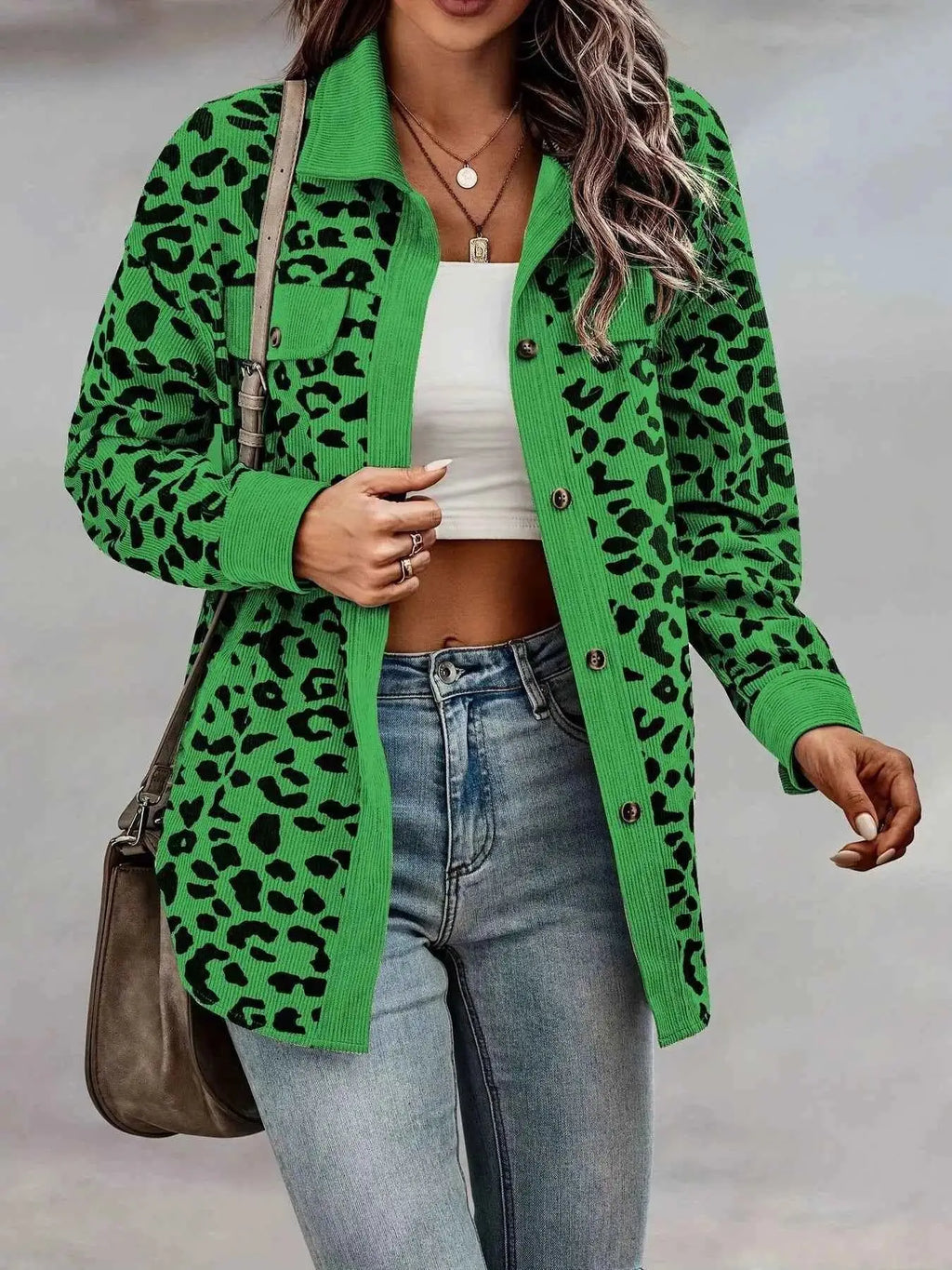 Full Size Leopard Print button-down jacket in vibrant green with black leopard spots, long sleeves, and chest pockets