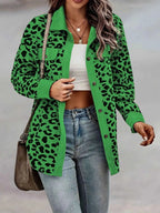 Full Size Leopard Print button-down jacket in vibrant green with black leopard spots, long sleeves, and chest pockets