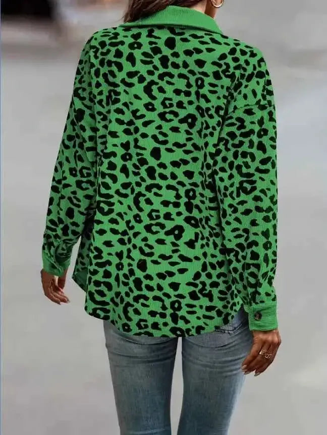 Full Size Leopard Print button-down jacket in green with black leopard spots, long sleeves, and a relaxed fit