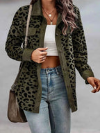 Full Size Leopard Print button-down jacket in olive green and black, long sleeve, lightweight polyester material with front pockets