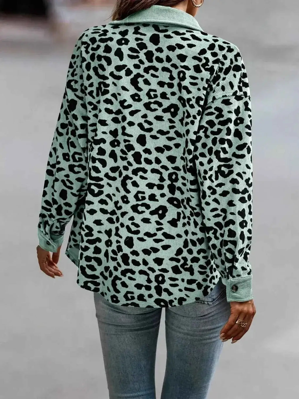 Full Size Leopard Print button-down jacket in light green with black leopard spots, long sleeves, and a relaxed fit