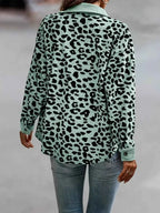Full Size Leopard Print button-down jacket in light green with black leopard spots, long sleeves, and a relaxed fit