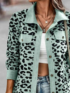 Full Size Leopard Print button-down jacket in mint green and black leopard spots with pocket flaps and ribbed cuffs