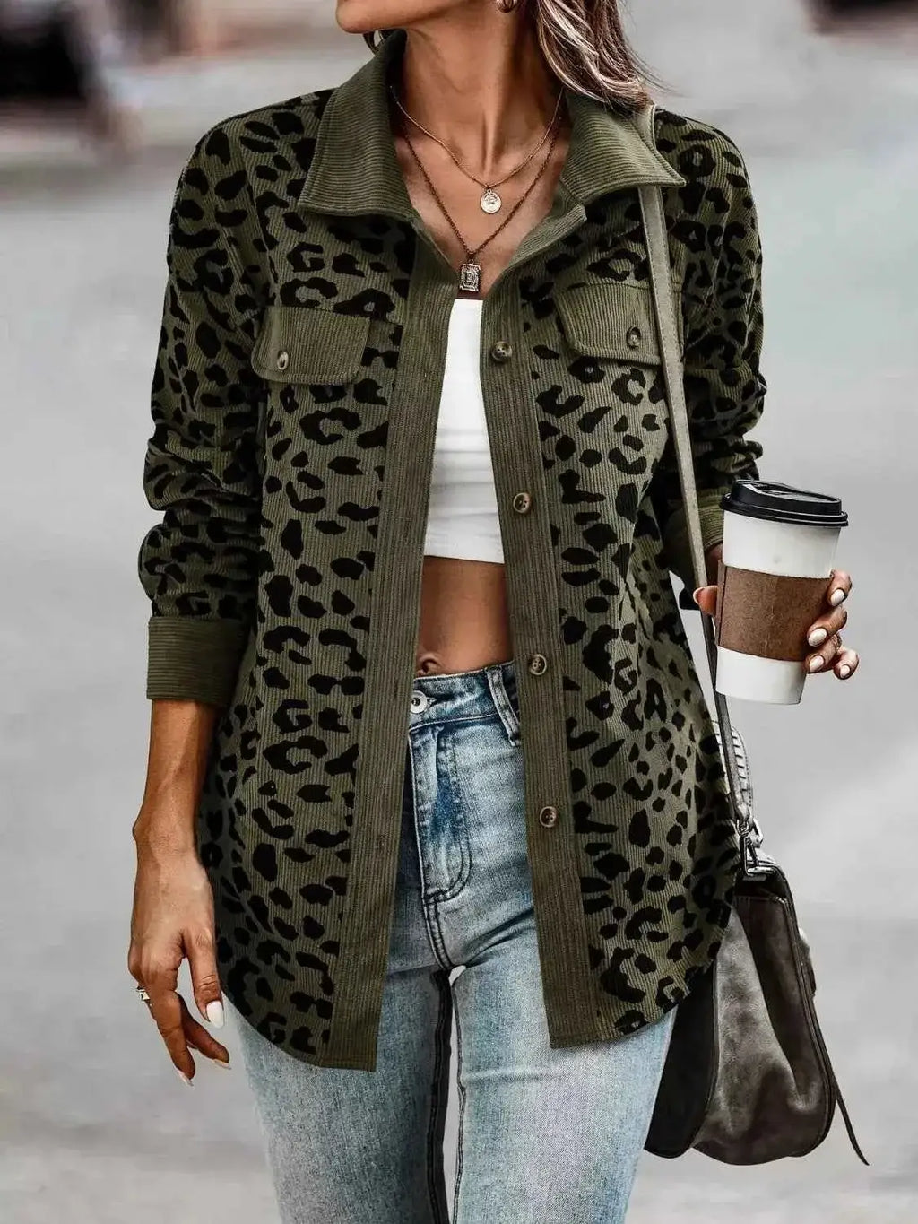 Full Size Leopard Print button-down jacket in olive green with black spots, featuring buttoned flap pockets and ribbed collar and cuffs