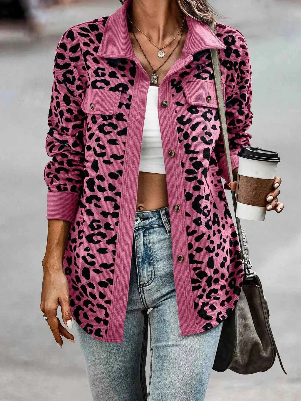 Full Size Leopard Print button-down jacket in pink and black leopard pattern with long sleeves and front pockets
