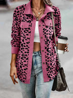 Full Size Leopard Print button-down jacket in pink and black leopard pattern with long sleeves and front pockets