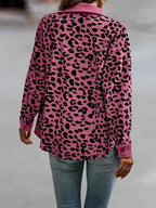 Full Size Leopard Print button-down jacket in pink with black leopard spots, long sleeves, collar, and cuffed wrists