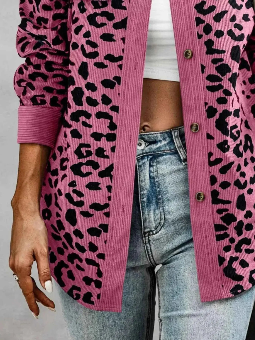 Full Size Leopard Print button-down jacket in pink with black leopard spots and corduroy trim on cuffs and button placket