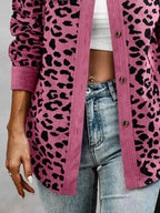 Full Size Leopard Print button-down jacket in pink with black leopard spots and corduroy trim on cuffs and button placket
