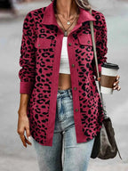 Full Size Leopard Print button-down jacket in red with black spots, featuring chest pockets and long sleeves
