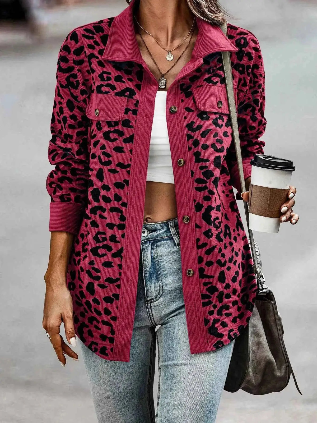 Full Size Leopard Print button-down jacket in red with black spots, featuring chest pockets and long sleeves