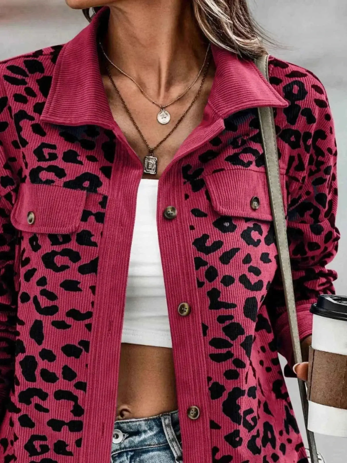 Full Size Leopard Print button-down jacket in red corduroy fabric with black leopard spots, chest pockets, and buttons