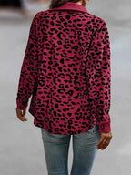 Full Size Leopard Print women's button-down jacket in red and black polyester with long sleeves and relaxed fit
