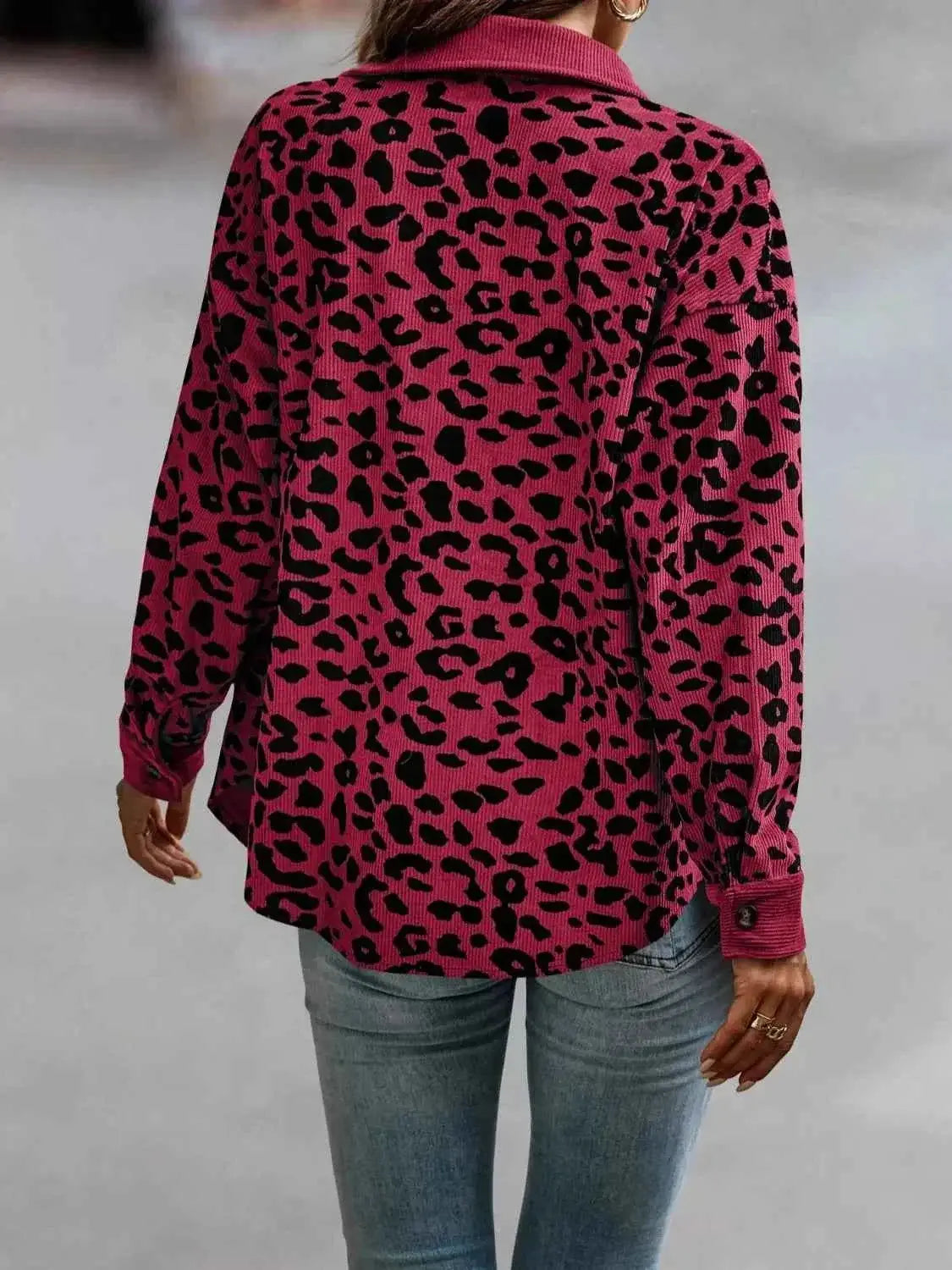 Full Size Leopard Print women's button-down jacket in red and black polyester with long sleeves and relaxed fit