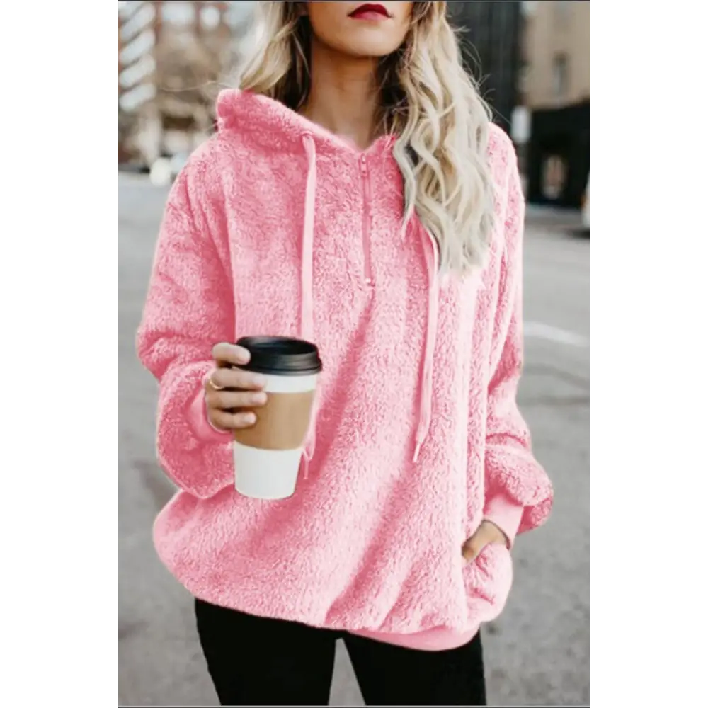 Luxurious comfort with the timeless quarter-zip teddy hoodie for women $15.99 drawstring for an adjustable fit,