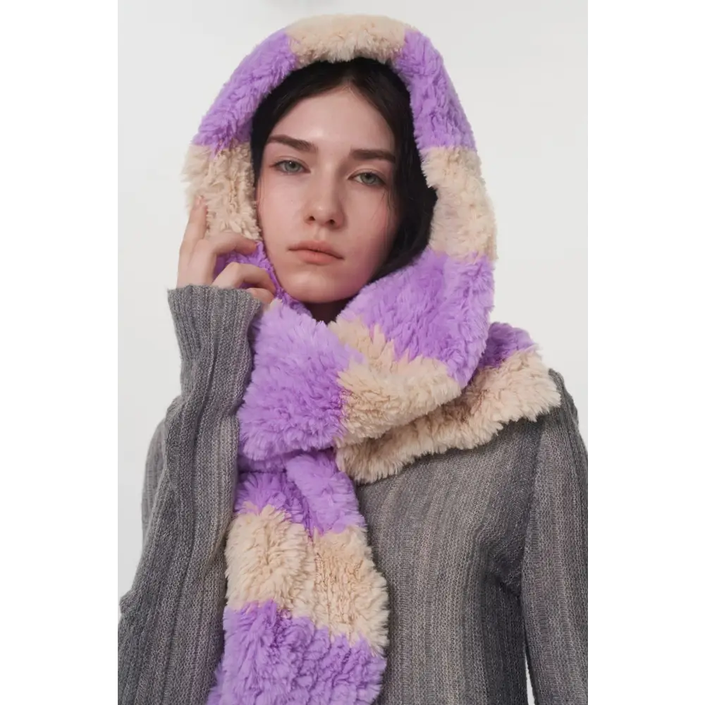 Elevate your look with the fuzzy contrast striped scarf in luxury fashion $27.99 1-piece polyester imported experience