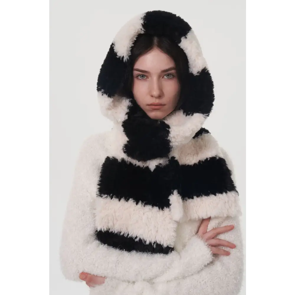 Elevate your look with the fuzzy contrast striped scarf in luxury fashion $27.99 1-piece polyester imported experience