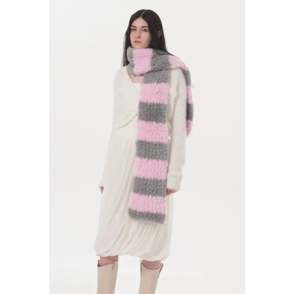 Elevate your look with the fuzzy contrast striped scarf in luxury fashion $27.99 1-piece polyester imported experience