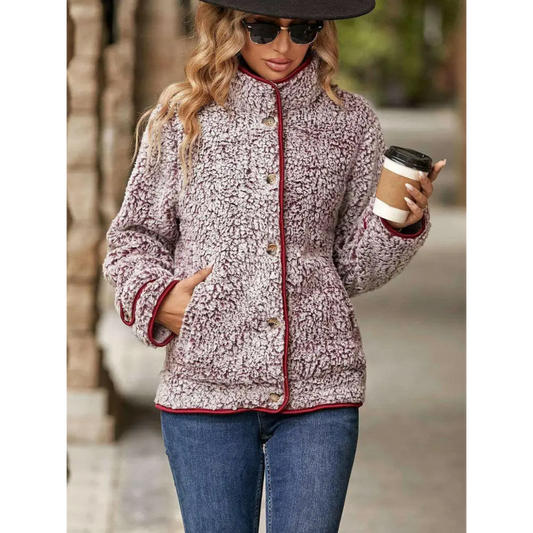 Fuzzy pocketed button up jacket for timeless luxury fashion for women $40 pocketed, ensuring functionality meets style