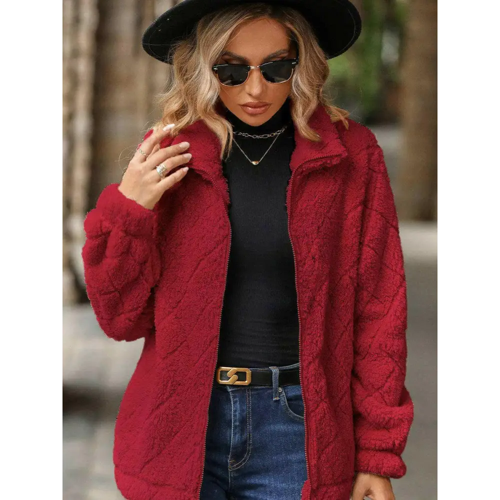 Elevate your wardrobe with the fuzzy pocketed zip up jacket in luxury fashion $38 basic style, perfect for those