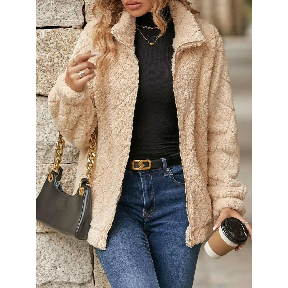 Elevate your wardrobe with the fuzzy pocketed zip up jacket in luxury fashion $38 basic style, perfect for those