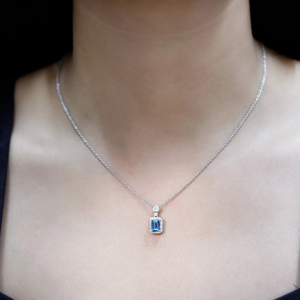 Genuine 1.1 Carat London Blue Topaz Emerald Cut Necklace with Diamond Halo