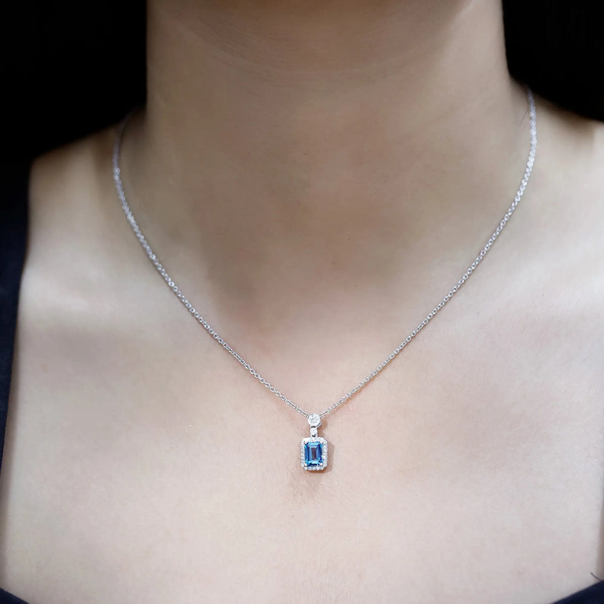 Genuine 1.1 Carat London Blue Topaz Emerald Cut Necklace with Diamond Halo