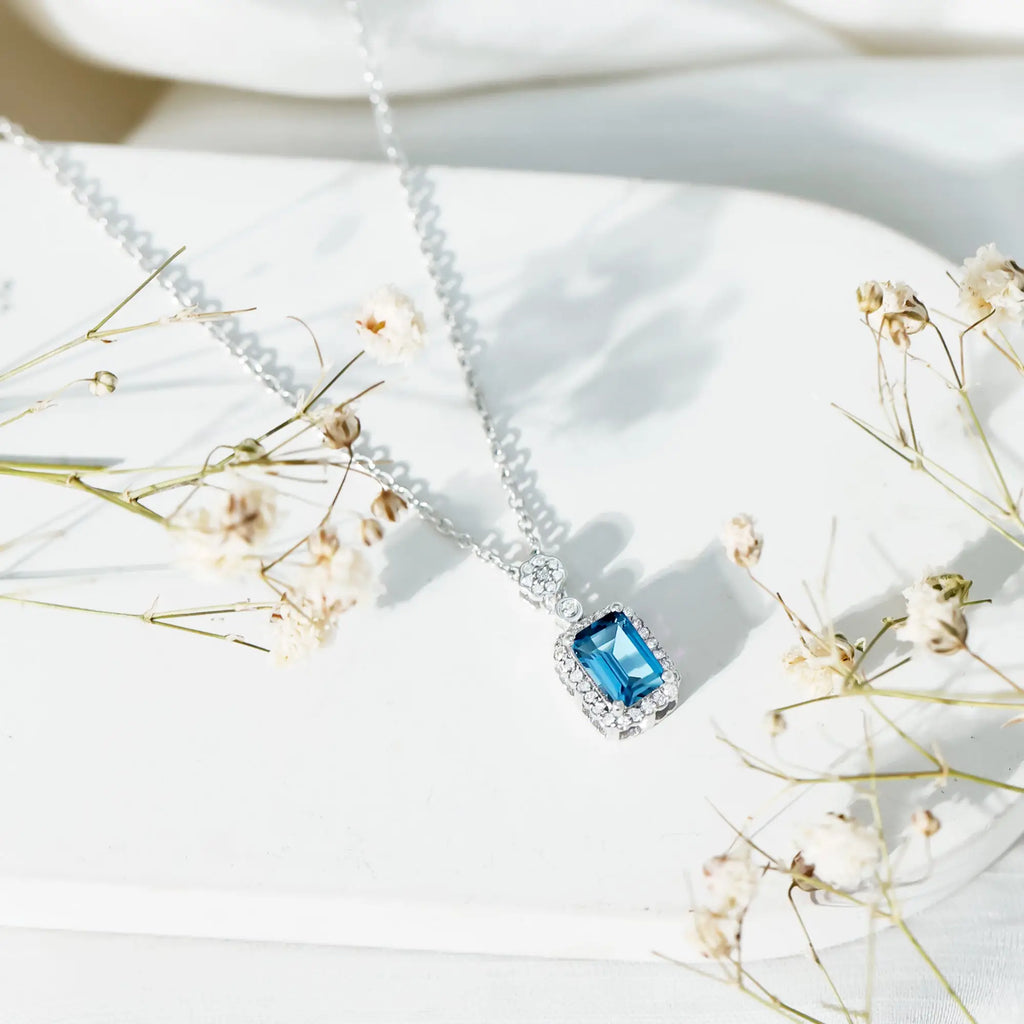 Genuine 1.1 Carat London Blue Topaz Emerald Cut Necklace with Diamond Halo