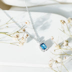 Genuine 1.1 Carat London Blue Topaz Emerald Cut Necklace with Diamond Halo