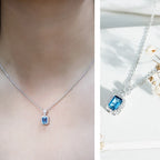 Genuine 1.1 Carat London Blue Topaz Emerald Cut Necklace with Diamond Halo