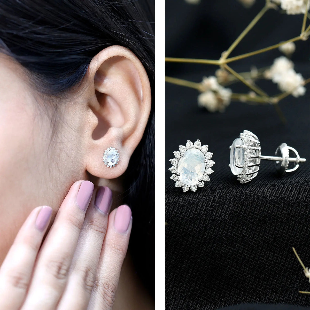 Genuine 2 Carat Moonstone and Diamond Halo Stud Earrings