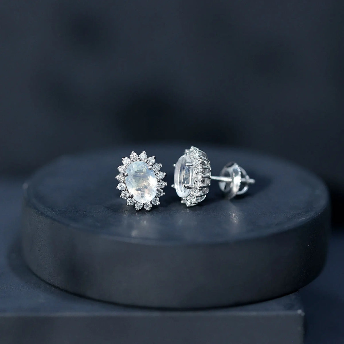 Genuine 2 Carat Moonstone and Diamond Halo Stud Earrings