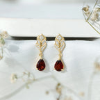 Genuine 3 Carat Garnet Teardrop Earrings with Diamond Leaf