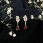 Genuine 3 Carat Garnet Teardrop Earrings with Diamond Leaf