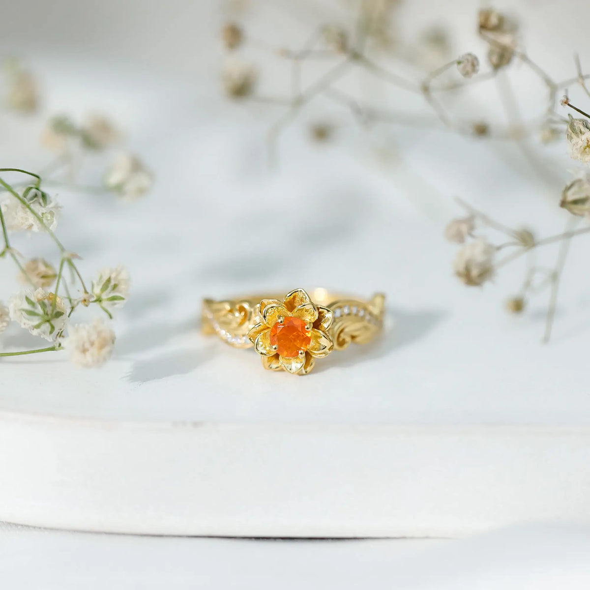 Genuine Citrine Rose Engagement Ring with Diamonds