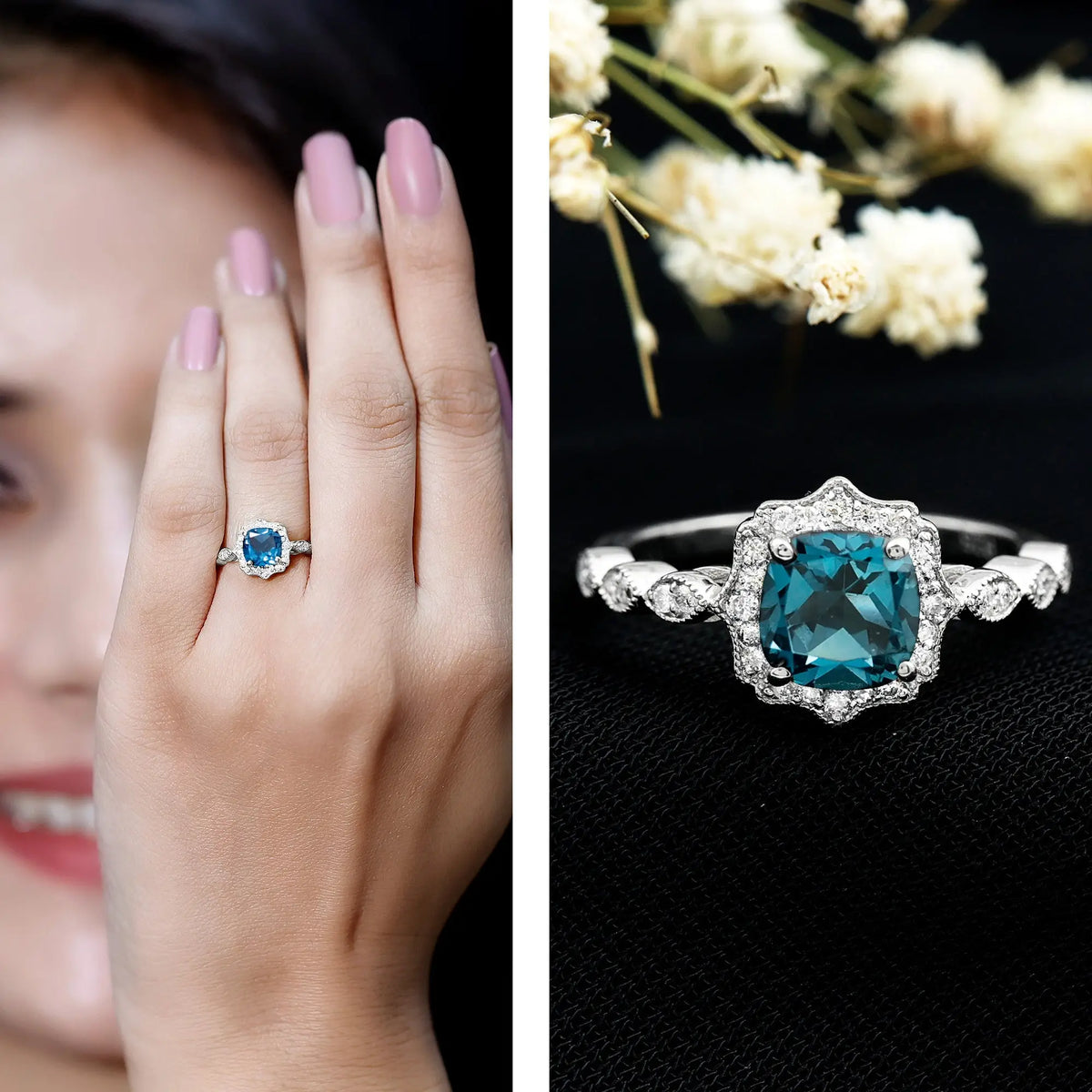 Genuine London Blue Topaz Antique Looking Engagement Ring in Silver